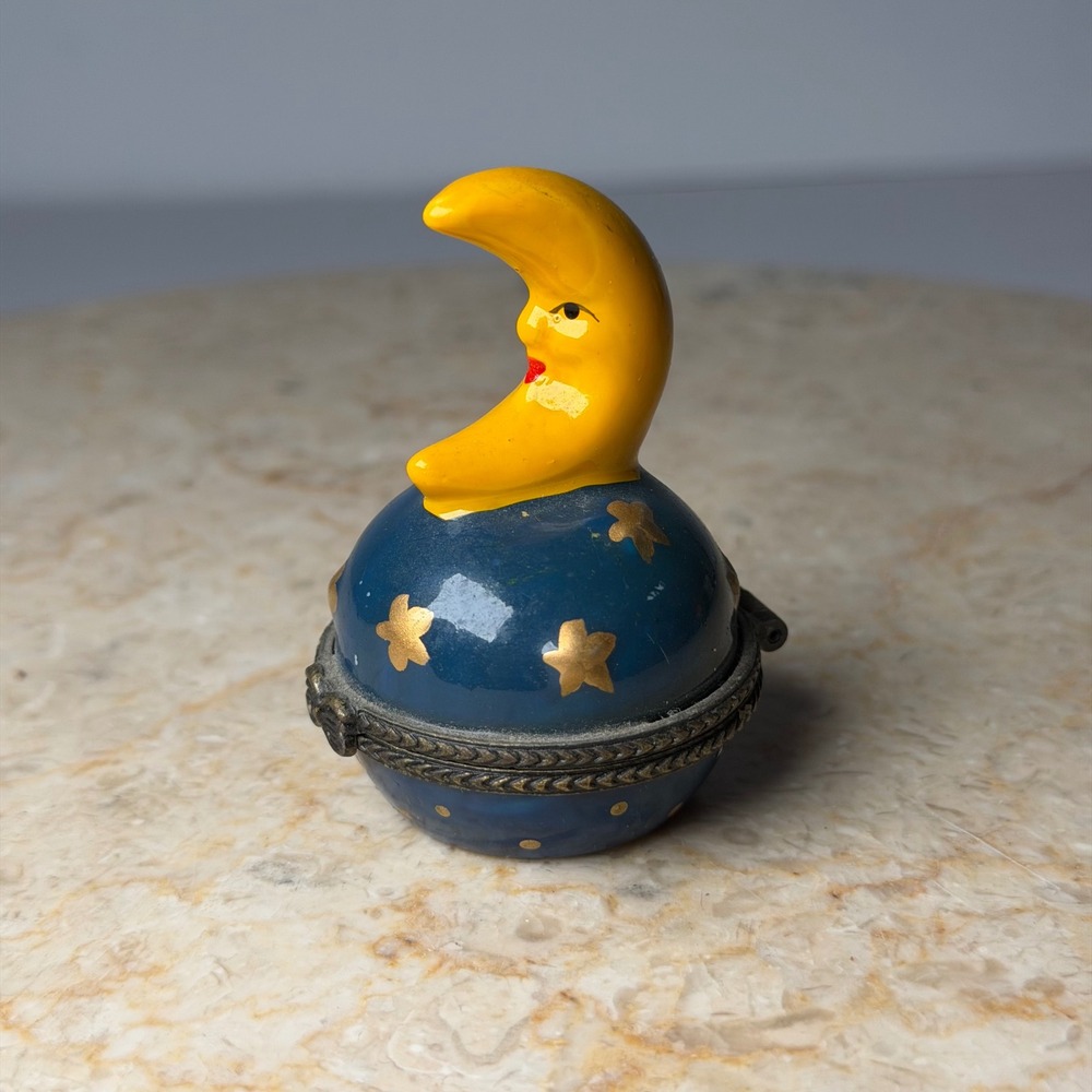 Vintage Porcelain Moon Trinket Box Small Blue Yellow Celestial Man in the Moon